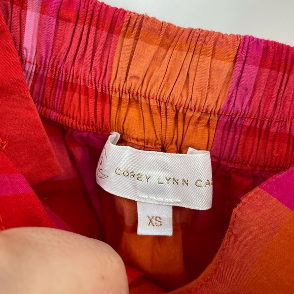 Corey Lynn Calter MACY bow Tie Shoulder plaid top blouse poplin red orange XS - Picture 2 of 6